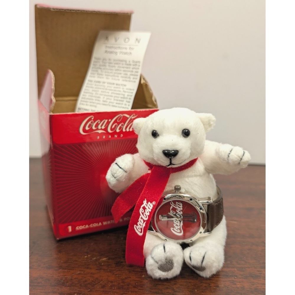 Vintage 2002 Coca-Cola Polar Bear Plush Watch Gift Set Coke Bottle Avon Box